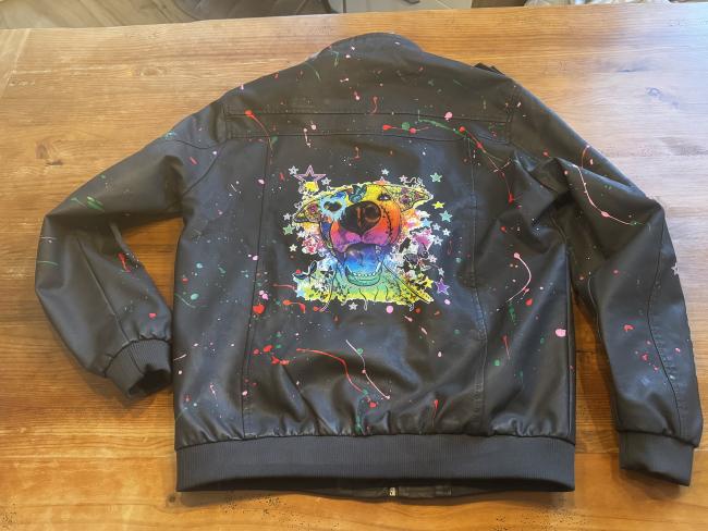 Lederjacke mit Lieblingsmotiv von RBC -Kunstlederjacke, Größe S-3XL, Unikat, Bunt, mit Kaputze, Hundemotiv, bedruckte Ärmel